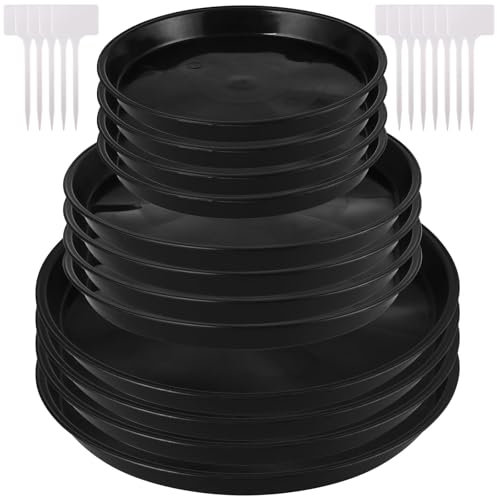 CECOMBINE 12 Pcs Plant Pot Saucers with Label, 5.5/6.3/9.45 Inch Multi Size Black Plant Saucer Round Plant Drip Tray Plastic Plant Pot Trays for Indoor Outdoor Garden Plants Flowers Care