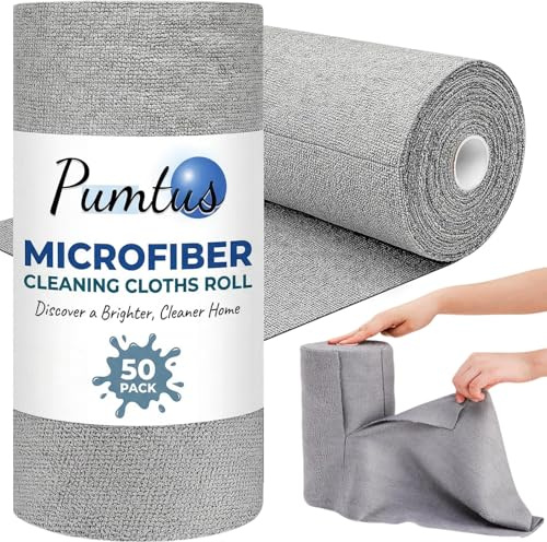 Pumtus 50 Pack Microfiber Cleaning Cloth Roll, 12 x 12 Inch Reusable Tear Away Towels, All-Purpose Absorbent Rags, Lint Free Dusting Cloth, Washable Shop Rags for Car, Bathroom, Kitchen, Window