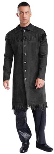 Miaeowve Men's Suede Western Cowboy Costume Fringe Hippie Long Duster Coat Rancher Costume Outerwear Black 4XL