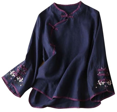 Chemise Femme Longue Costume Traditionnel Chinois Chemisier Femmes Coton Lin Cloche Chemises à Manches Longues Grenouille Bouton Hauts Cheongsam Tee Shirt Manche Longue Femme Coton (Navy, M)