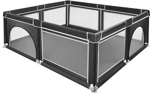 XUANYU Laufgitter mit Saugnäpfen unten, 2 Reißverschlusstüren, Höhe 66 cm, Laufstall für Babys, rutschfest, modulierbar, Laufstall für Kinder für Zuhause (schwarz L 180 x B 150 x H 66 cm)