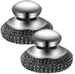 2 Pieces Steel Wool Scrubber, Stainless Steel Sponge Scourers with Handle, Wire Wool, Detachable Heavy Duty Dish Brush Pot Scrubber, for Cleaning Kitchen Pots Pans Grills Sink (2 pieces)