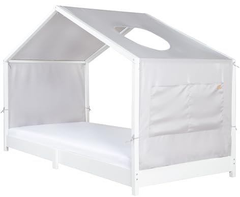 roba Bezug für Montessori Hausbetten 90 x 200 cm - Passendes Zubehör zum Umbau in Himmelbett - Inkl. 3 Aufbewahrungstaschen & Dachfenster - Hellgrau