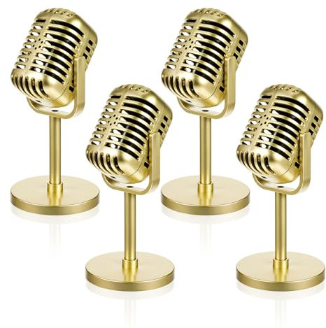 4 Pcs Gold Microphone Props Retro Vintage Plastic Fake Microphones Pretend Mic Centerpiece for Hip Hop Music Birthday Party Decorations Cosplay Podcast Event Rock and Roll