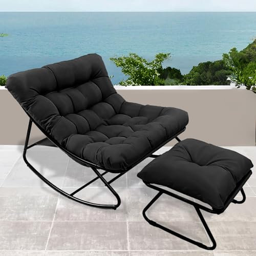 FUOIDYE Schaukelstuhl Schaukelsessel, Schaukelstuhl mit Hocker, Outdoor Lesesessel mit Gepolsterter, Extra Groß Wohnzimmer Relaxstuhl, Belastbarkeit bis 150kg, für Garten Balkon Terrasse (Schwarz)