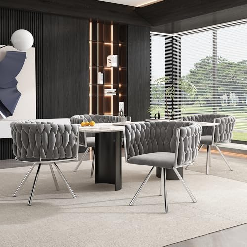 MURUL Samt-Esszimmerstuhl, 4er Set, Freizeit-Drehstuhl mit Vier Stützbeinen aus Metall, einzelner Heller Luxus-Wohnzimmer-Schlafzimmer-Drehstuhl, Grau+Silber (4)