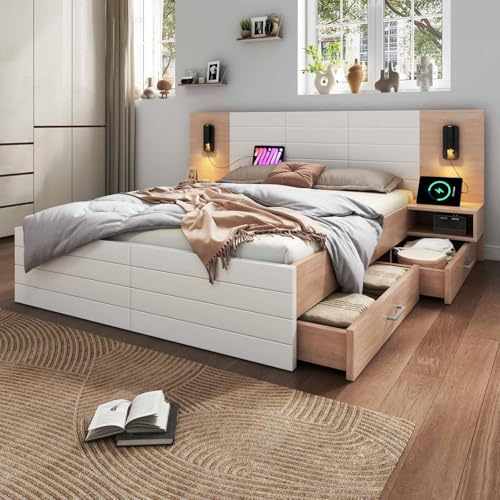 YEHTOKHOME Lit Moderne en Bois avec Port de Charge USB et liseuse, Multifonctionnel lit avec 2 Tables de Chevet, 2 tiroirs et sommier à Lattes(sans Matelas) (Blanc + Chêne 2, 160x200cm)