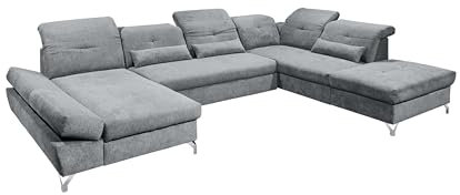 möbelando Wohnlandschaft >Melfi< komfortable XXL-Wohnlandschaft in anthrazit mit Bettkasten, verstellbaren Armlehnen & 6 Kopfteilen, Nosagfederung, Metallfüßen, echt bezogenem Rücken, 350x245 cm