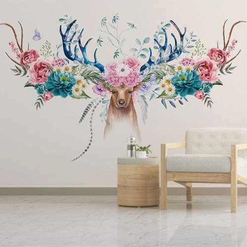 Tzxztt Hand Painted Flowers Butterflies Deer Head Art Modern 3D Wallpaper Embossed Silk Neutral Tones Material Ideal for Living Room Bedroom-300cm×210cm