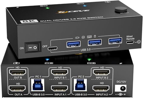 KVM Switch 2 Monitors 2 Computers 8K@60Hz 4K@144Hz,Dual Monitor HDMI2.1 KVM Switch for 2 Computers Sharing 2 Monitors and 4 USB3.0 Devices, with Power Adapter, Wired Remote and 2 USB Cables