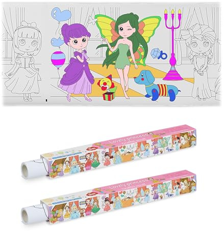 Relaxdays Colouring Paper Roll for Kids, Set of 2, 3 m, Self-Adhesive, Princess, Drawing Sheet, Table Cover, White