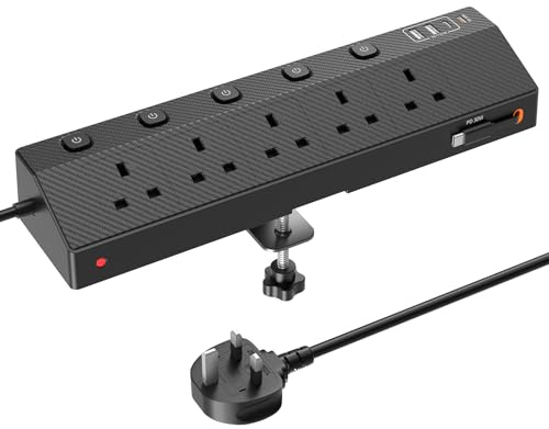 Desk Extension Lead 3M, PD 30W Power Strip with Retractable USB C Cable | 5 Way Power Socket with 3 USB C Port, 2 USB A Port, Desktop Plug Socket with Removable Clamp for Office Accessories