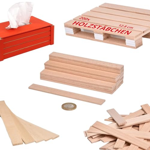 Metrie Holzlamellen zum Basteln - Halbe Länge | 12,8 cm - 200 Stück | 128 x 16 x 3,2 mm | Holzleisten, Holzspatel, Rührstäbchen aus Buchenholz für Modellbau, Deko, Floristik & DIY | Natur