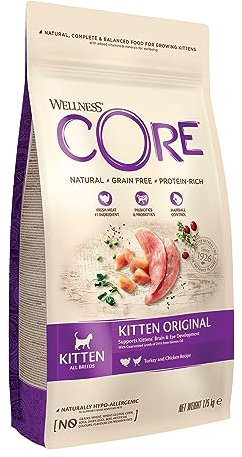 Wellness CORE Kitten Original, Huhn & Pute, 1,75 kg, Kitten Trockenfutter, ohne Zuckerzusatz, getreidefrei, mit hohem Fleischanteil, fördert Gehirn- & Augenentwicklung