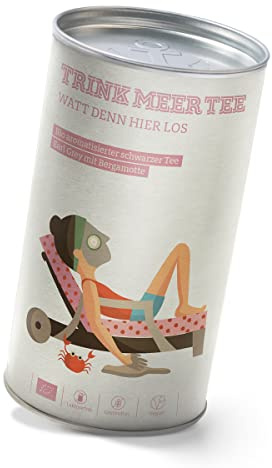 Trink Meer Tee WATT DENN HIER LOS - Bio aromatisierter schwarzer Tee | Earl Grey | Bergamotte Geschmack | Schwarztee | loser schwarzer Tee in hübscher Teedose | Geschenk | 120g