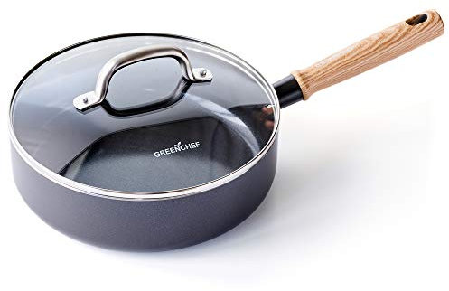 GreenChef Vintage Sauteuse avec Couvercle en Céramique Antiadhésive de 24 cm/3,1 L, Poignée à Apparence en Bois, Sans PFAS, Compatibles avec l'Induction, Va au Four, Va au Lave-Vaisselle, Gris