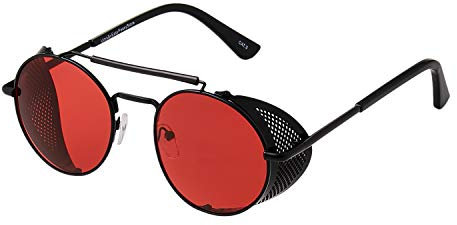 Ultra Schwarz mit Roten Gläsern Steampunk Tiefblende Sonnenbrille Retro Damen Herren Rundbrille Metall Gothik Kreis Cyber Cosplay Brille UV400 Unisex