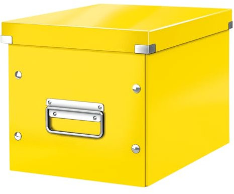 Leitz Click & Store Aufbewahrungsbox mit Deckel Mittel-Groß, Würfelbox für Regale im Wohnzimmer oder Büro, Transportbox aus 80 % recycelter Premium-Hartpappe, Stabile Metallgriffe, Gelb, 61090016