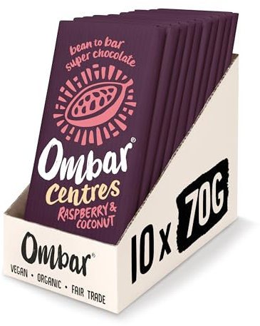 Vegan Chocolate - Ombar Centres Coconut & Raspberry (70g x 10 Bars) Organic, Fair Trade, Dairy Free and Gluten Free Chocolate