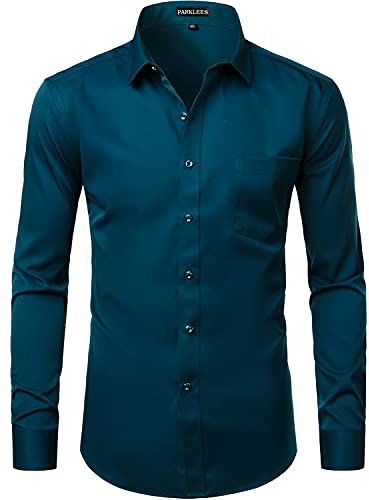 PARKLEES Men's Slim Fit Formal Long Sleeve Casual Business Party Dress Shirts with Chest Pocket Teal L