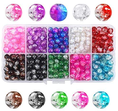 450 Stück 6mm Crackle Glasperlen, Bunte Basteln Perlen mit Löchern, Runde Risse Glas Perlen, Kristall Glasperlen Bead Lose für Halsketten Armband Schmuckherstellung und DIY Handwerk Dekor