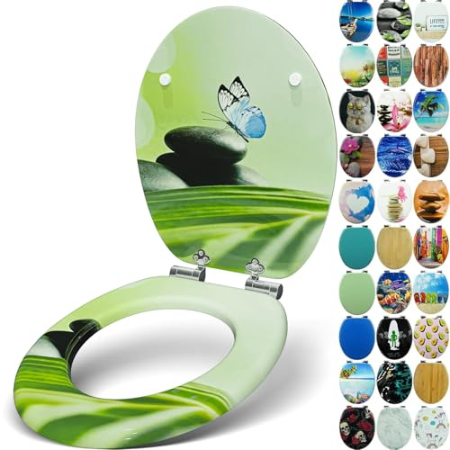 SANFINO® Premium WC Sitz mit Absenkautomatik – hochwertige Toilettendeckel aus Holz, viele bunte Motive, hoher Sitzkomfort, einfache Montage inklusive Montageanleitung – Blue Butterfly