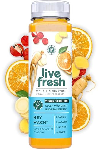 LiveFresh Vitamin C Saft - Hey Wach - 24x250ml | Mit Ingwer und Koffein | Vegane Fruchtsäfte ohne Zuckerzusatz | Inkl. 6€ Pfand