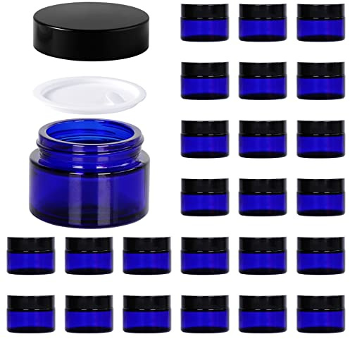 1oz Glass Jar with Lid, Hoa Kinh 25Pack Blue Round Containers Cosmetic Glass Jars with Inner Liners and Black Lids Travel Jars for Storing Lip and Body Scrub, Lotion, Body Butter, Bath Salts, Liquid