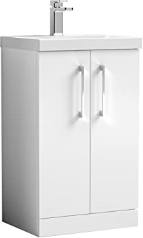 nuie ARN101D Arno Modern Bathroom Floor Standing 2 Door Vanity Unit with Thin-Edge Ceramic Basin, 500mm, Gloss White