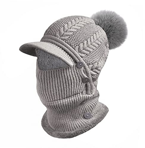 Heveer Warme Strickmütze Damen Flexible Wintermütze mit Halswärmer Krempe Verstellbare Gesichtsmaske Weichem Gefüttert für Outdoor Grau