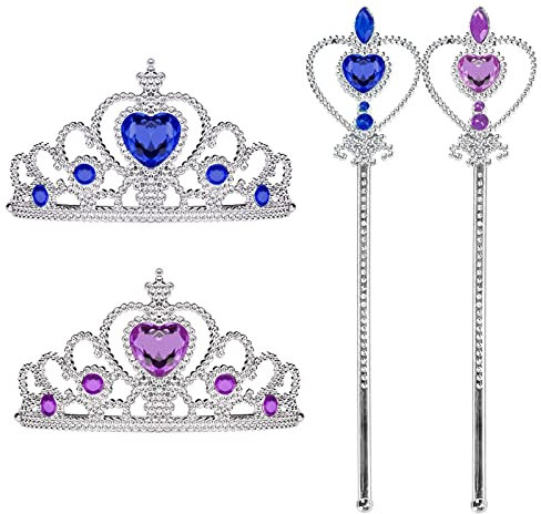 Diademe Princesse Enfant et Baguette 2 Ensembles Violet et Bleu, Couronne Fille et Baguette pour Filles Costume Diademe Enfant en Plastique pour Carnaval Enfants Fête d'anniversaire et Halloween