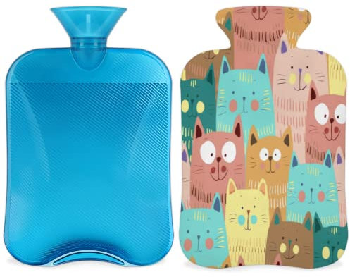 Cute Cats Hot Water Bottle with Cover 2L, Cartoon Cat PVC Hot Water Bag for Hand Feet Warmer, Pain Relief,Hot Compress and Cold Therapy