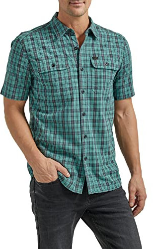 Lee Men's Extreme Motion All Purpose Classic Fit Short Sleeve Button Down Worker Shirt, Monaco Plaid