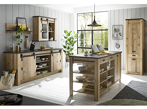 Lomadox Küchenmöbel Küchen Set, Old Style Nb. mit anthrazit, Spülschrank 201cm, Hängevitrine, Wandregal, Kücheninsel, Stauraumschrank