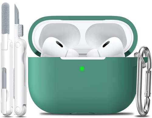 R-fun Kompatibel mit AirPods Pro 2nd/1st Generation Case Cover mit Reinigungsset, Vollschutzsilikon für Apple AirPods Pro 2023/2022/2019 Ladecase[LED anteriore visibile],Kieferngrün