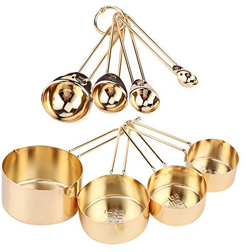 Edelstahl Messlöffel Set, 8-teiliges Stapelbares Esslöffel Messset mit Waage, Küchenhelfer, Backzubehör(Gold)