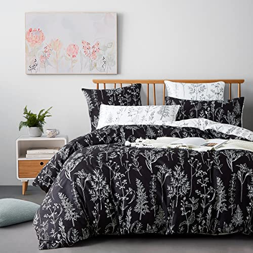 Lanqinglv Bettwäsche 200x200cm Schwarz Weiß Blätter Blumen Muster Pflanzen Wende Bettwäsche Set Microfaser Renforce Bettbezug mit Reißverschluss und 2 Kissenbezug 80x80 cm