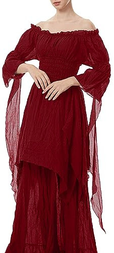 Women’s Retro Medieval Costume Renaissance Dress with Ruffle Sleeves, Sexy Halloween Party Costumes Gothic Victorian Long Off Shoulder Dress(Wine red,S)