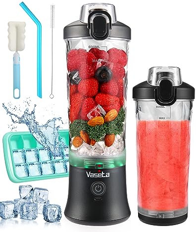 VASETA Portable Blender, 270W Personal Blender for Shakes and Smoothies, 600ml Waterproof Blender with 6 Blades, Mini Maker Rechargeable for Kitchen/Gym/Travel/Office, BPA-Free (Black)