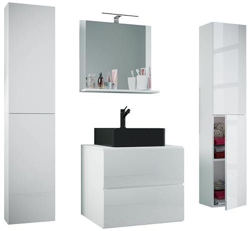 VCM 5-TLG. Waschplatz Waschtisch | schwarzes Waschbecken Unterschrank Breite 60 cm | Badmöbel Set mit Schubladen Drehtüren Spiegel | Lendas S BL