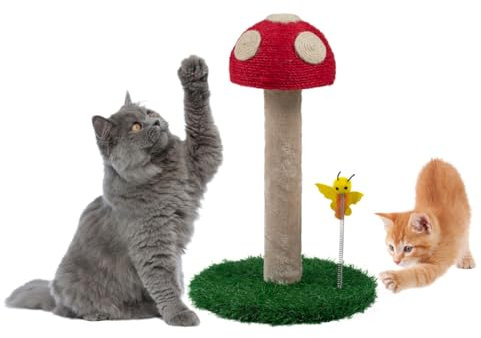 TREKAM Griffoir pour Chat - Grattoir Chat avec Motif Champignon avec Trois Textures différentes- Poteau griffoir Chat avec Jouet à Ressort et Clochette - Chat Accessoire 45cm de Haut - Griffoir Chat