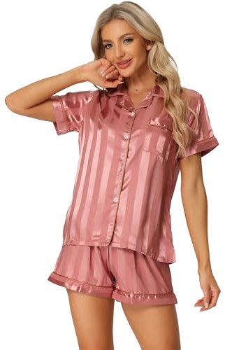 cheibear Pyjama en satin à pois pour femmes – Vêtements de nuit 2023 – Haut avec short – Ensemble pyjama de détente, rose foncé, M
