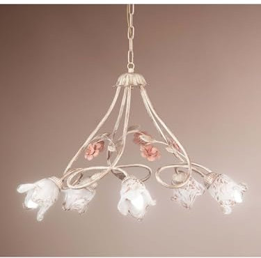 Generico Lampadario classico in ferro battuto avorio e rosa con fiori a 5 luci DP214 per camera da letto, salotto, soggiorno, cameretta, sala da pranzo.