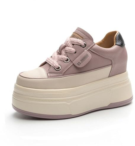 Scarpe da Passeggio con Zeppa da Donna, Scarpe da Ginnastica di Moda con Tacco Alto Nascoste in Pelle Leggera,Rosa,39 EU