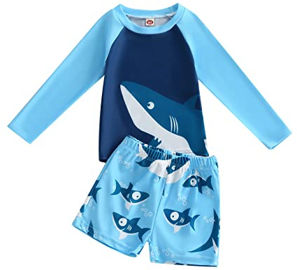 Nouveau-né Bébé Garçon Maillot de Bain 2 Pièces Anti-UV T-Shirt Manches Longues + Short de Bain + Chapeau de Soleil Costume de Natation (b-Bleu Requin, 2-3 Ans)