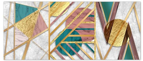Lupia - Quadro Moderno Canvas World | Stampa su Tela PVC | Geometrie Astratte in Verde, Rosa e Oro | Telaio in Fibra di Legno, 52x122 cm, per Soggiorno, capezzale Camera da Letto, Ufficio