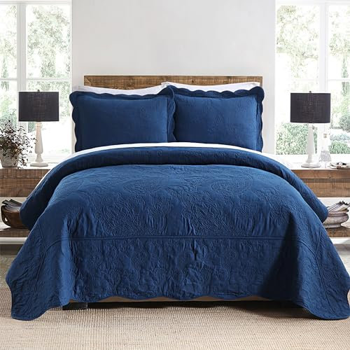 ENASAL Baumwoll-Jacquard-Tagesdecken-Set, 3-teilig, leicht, wendbar, Bettdecken für alle Jahreszeiten, Paisleymuster, Blumenmuster, Marineblau, King-Size-Größe