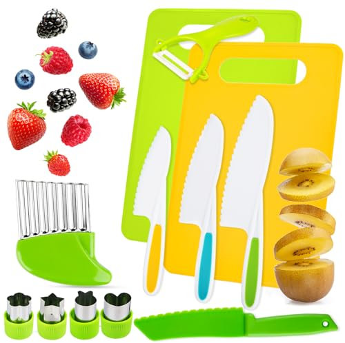 AKONE Couteau Enfant 12 Pièces, Sécurité pour 2+, Montessori, Ustensile de Cuisine pour Couper et Cuisiner des Fruits ou des Légumes