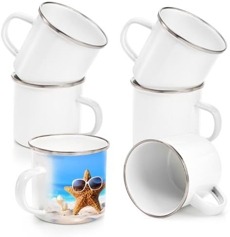 Coloch 6 Stück Sublimationstassen aus weißer Emaille, 340 ml, Kaffeetassen mit silberfarbenem Rand, Camping-Reisebecher, Vintage-Teetasse für Vatertag, Erntedankfest, Abschlussfeier, Geschenk