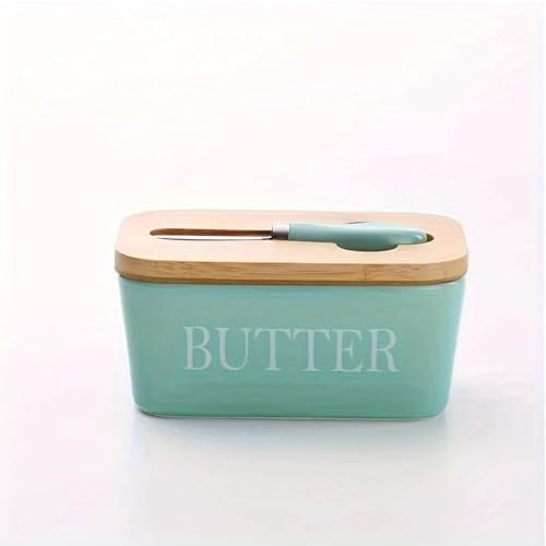 Large Butter Dish,Ceramic Butter Dish with lid and knife, Butter Keeper Double Silicone Seals, Perfect for 2 Sticks of Butter,baby blue
